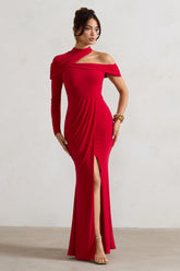 Red Asymmetric High-Neck Split Maxi Dress